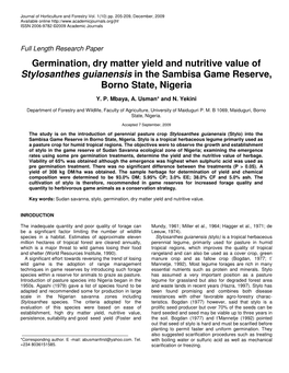 Germination, Dry Matter Yield and Nutritive Value of Stylosanthes Guianensis in the Sambisa Game Reserve, Borno State, Nigeria