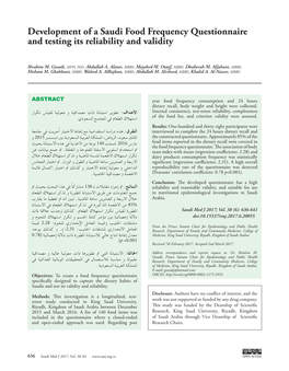 Development of a Saudi Food Frequency Questionnaire and Testing Its Reliability and Validity