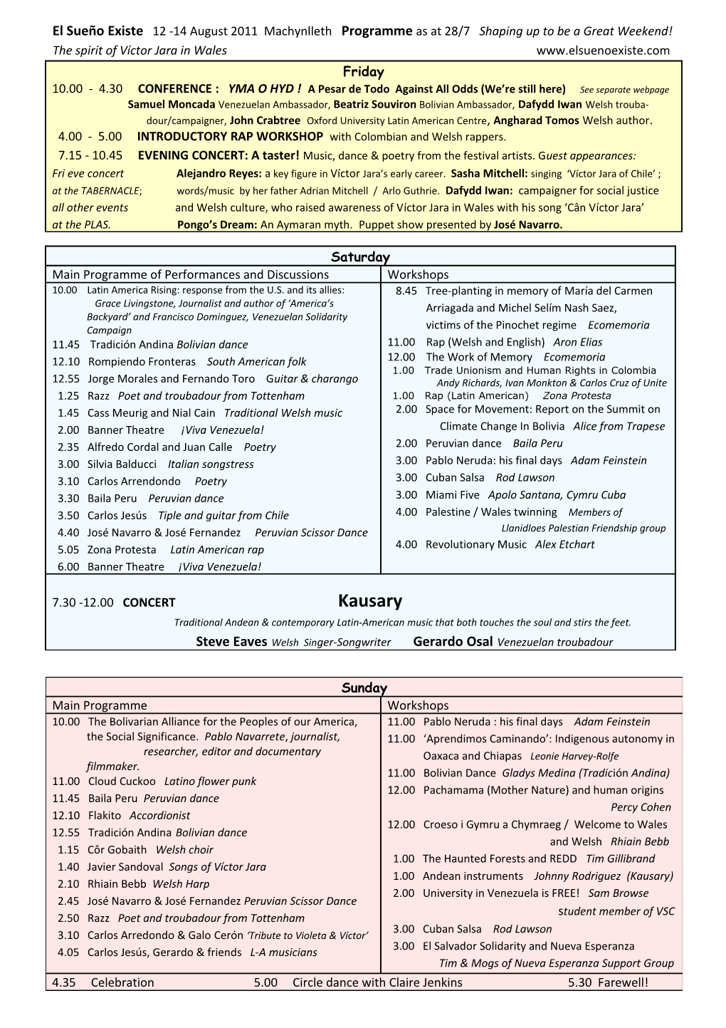 El Sueño Existe 12 -14 August 2011 Machynlleth Programme As at 28/7 Shaping up to Be A