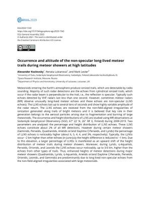 Occurrence and Altitude of the Non-Specular Long-Lived Meteor Trails During Meteor Showers at High Latitudes