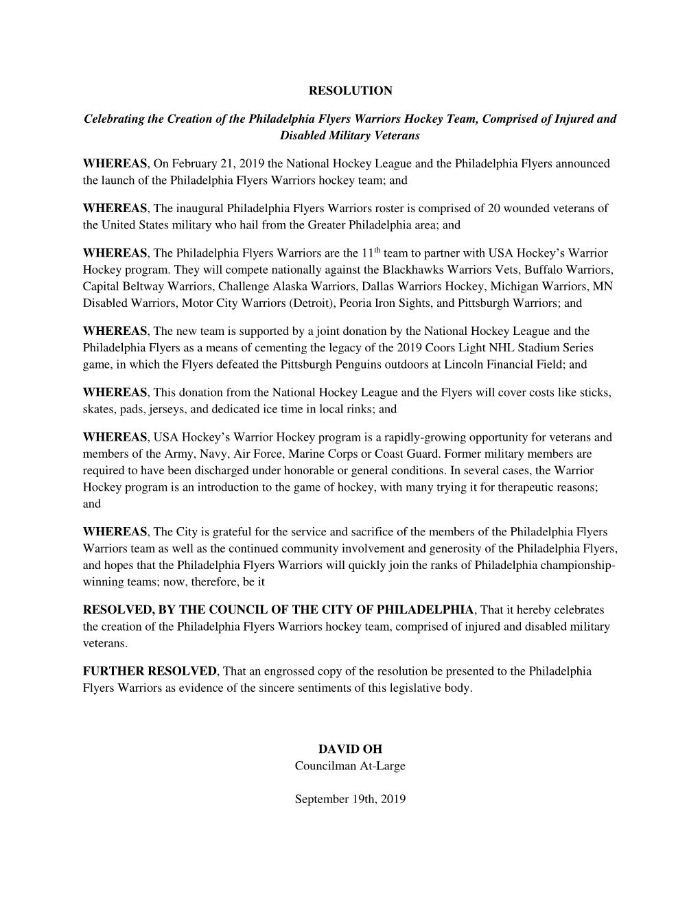 RESOLUTION Celebrating the Creation of the Philadelphia Flyers