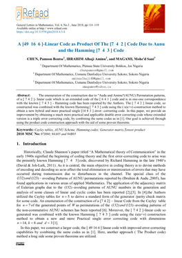 A [49 16 6 ]-Linear Code As Product of the [7 4 2 ] Code Due to Aunu and the Hamming [7 4 3 ] Code
