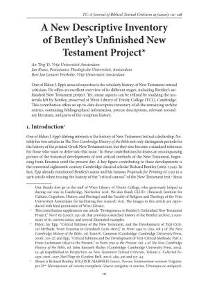 A New Descriptive Inventory of Bentley's Unfinished New Testament Project