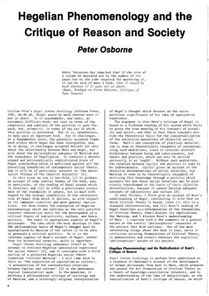 Hegelian Phenomenology and the Critique of Reason and Society Peter Osborne
