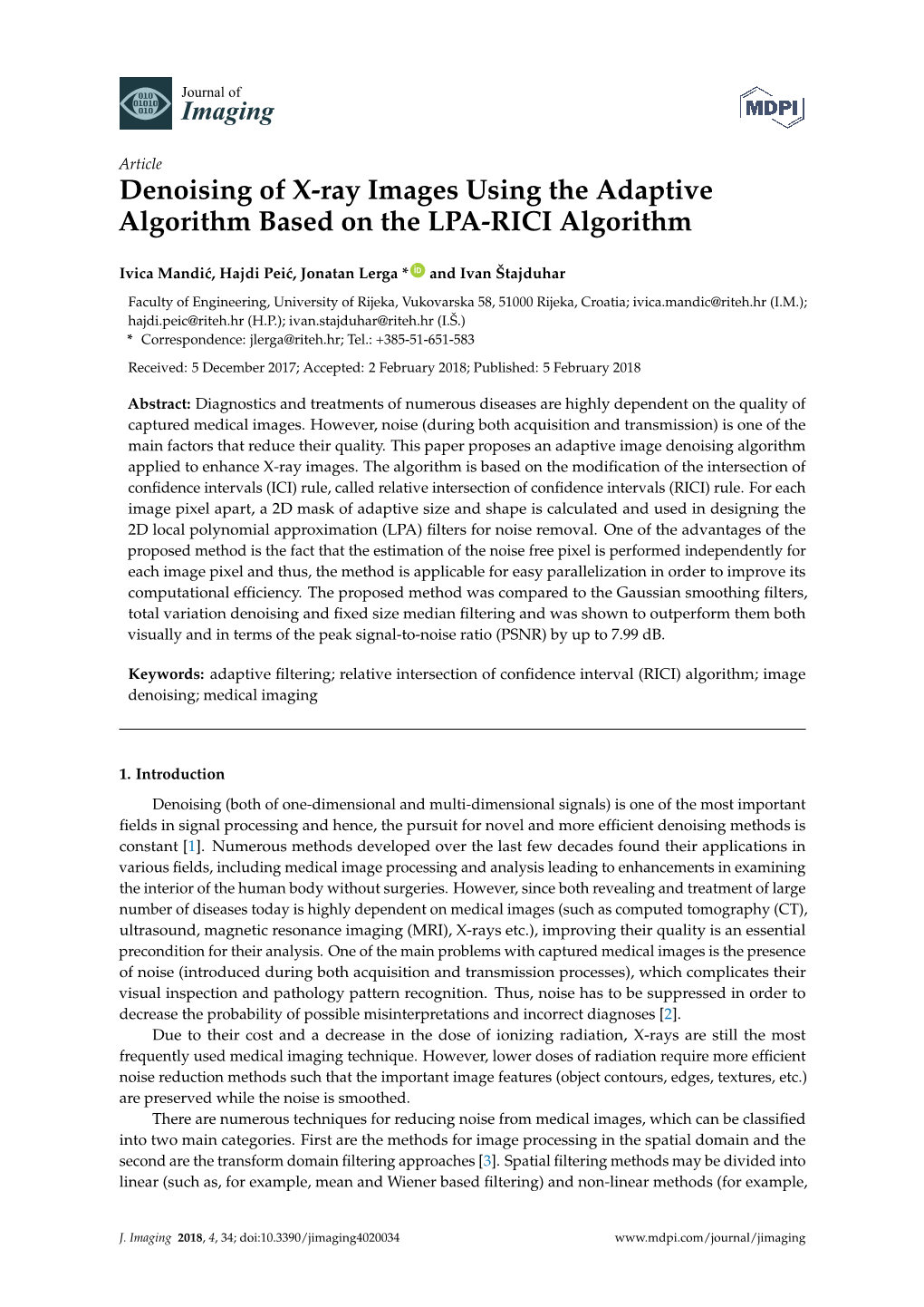 Denoising of X-Ray Images Using the Adaptive Algorithm Based on the LPA-RICI Algorithm