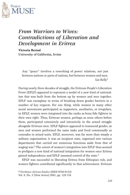 From Warriors to Wives: Contradictions of Liberation and Development in Eritrea Victoria Bernal University of California, Irvine