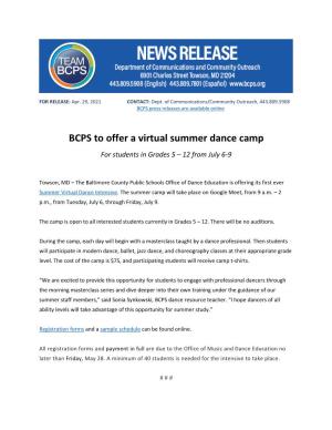 BCPS to Offer a Virtual Summer Dance Camp for Students in Grades 5 – 12 from July 6-9
