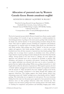 Allocation of Parental Care by Western Canada Geese Branta Canadensis Moffitti