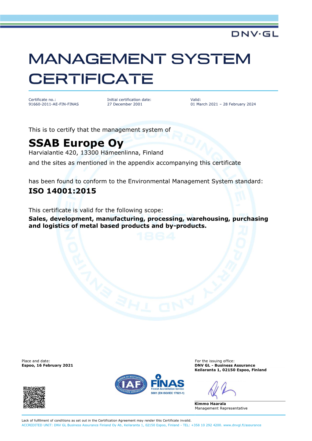 SSAB Europe Management System Certificate 14001 EN 2021 - DocsLib