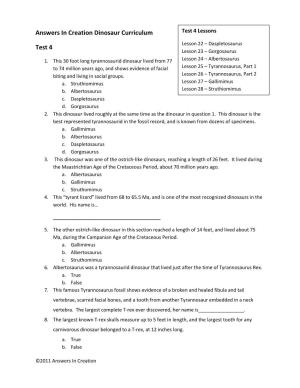 Answers in Creation Dinosaur Curriculum Test 4 Lessons