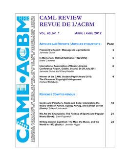 Caml Review Revue De L'acbm Vol. 40, No. 1 April / Avril 2012