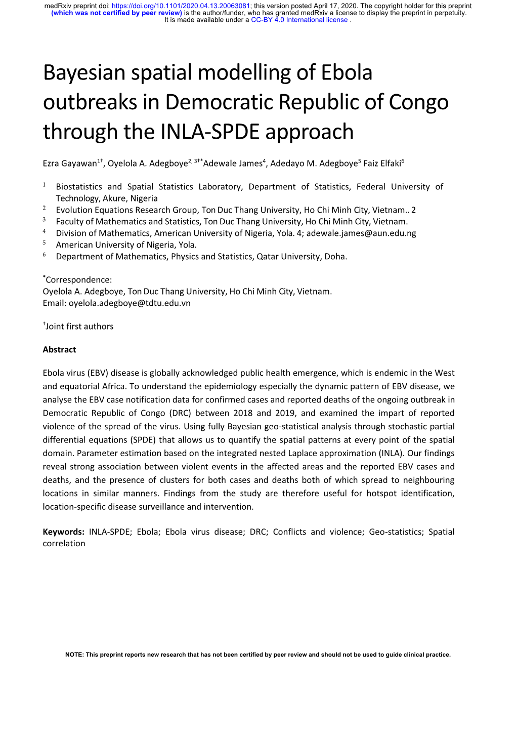 Bayesian Spatial Modelling of Ebola Outbreaks in Democratic Republic of Congo Through the INLA-SPDE Approach