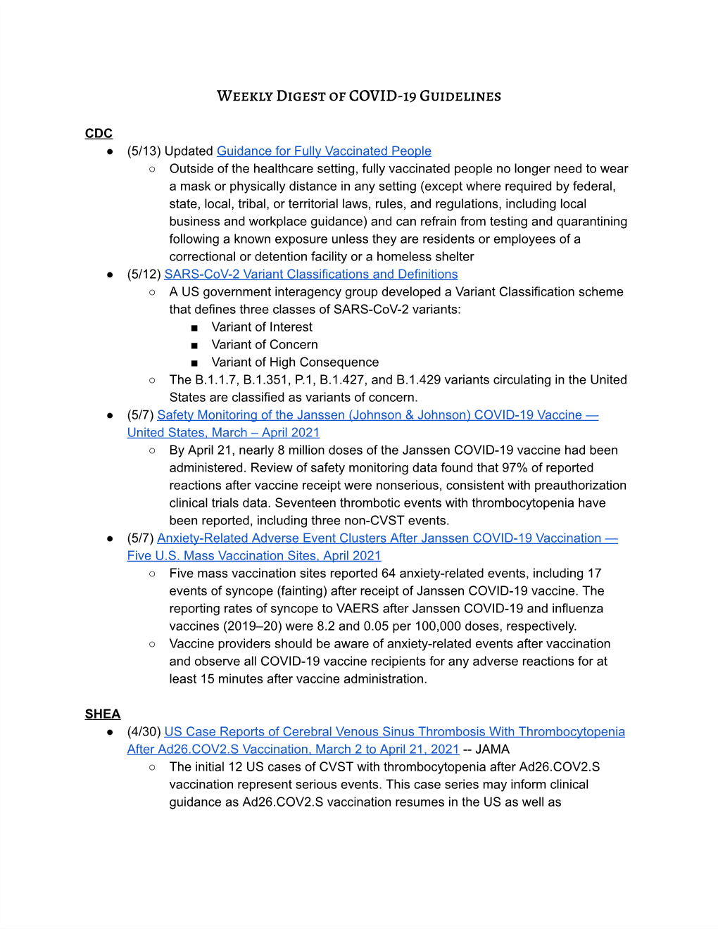 Weekly Digest of COVID-19 Guidelines