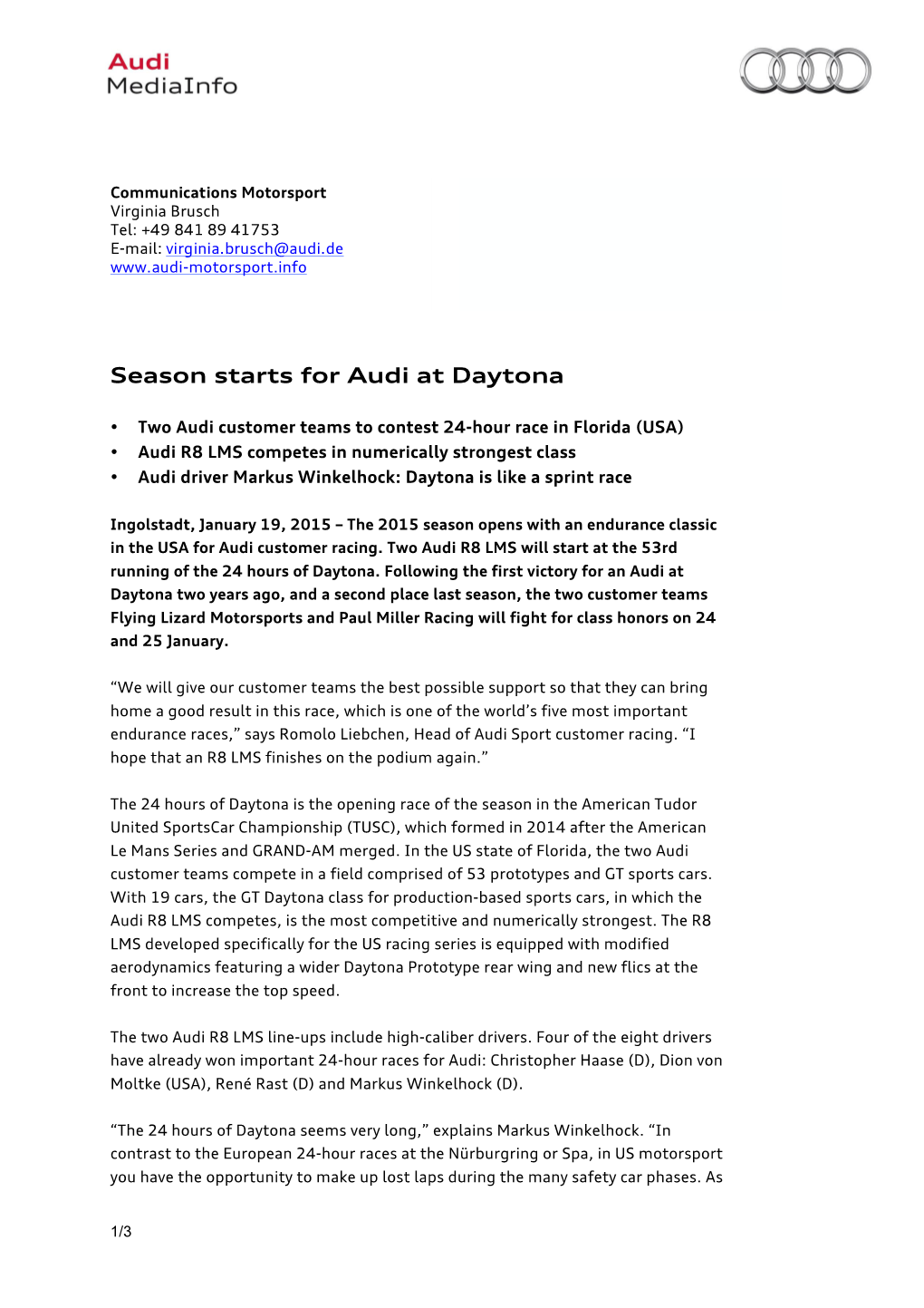 Season Starts for Audi at Daytona