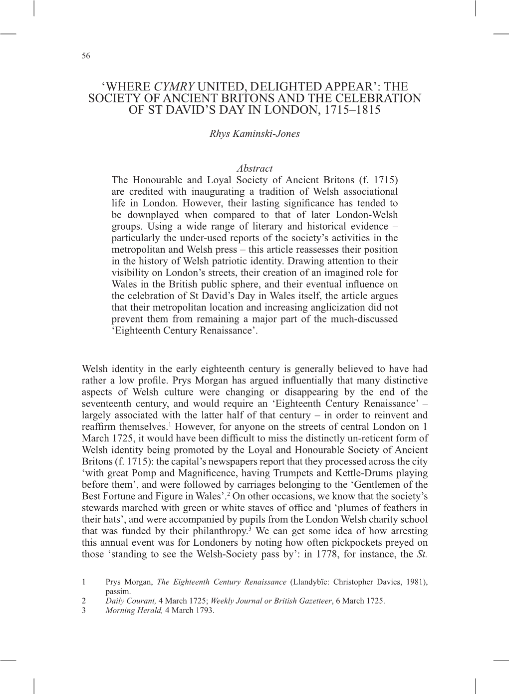 Where Cymry United, Delighted Appear’: the Society of Ancient Britons and the Celebration of St David’S Day in London, 1715–1815