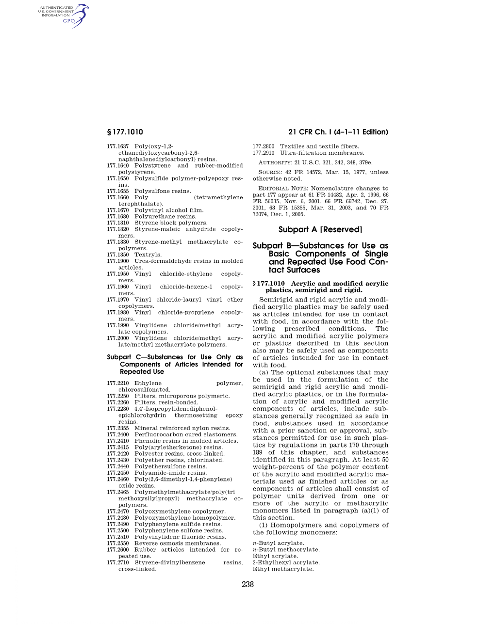 238 Subpart a [Reserved] Subpart B—Substances For