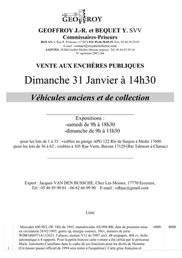 Dimanche 31 Janvier À 14H30 Véhicules Anciens Et De Collection