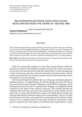 Relationships Between Czech and Slovak Scholars Between the Years of 1850 and 1882