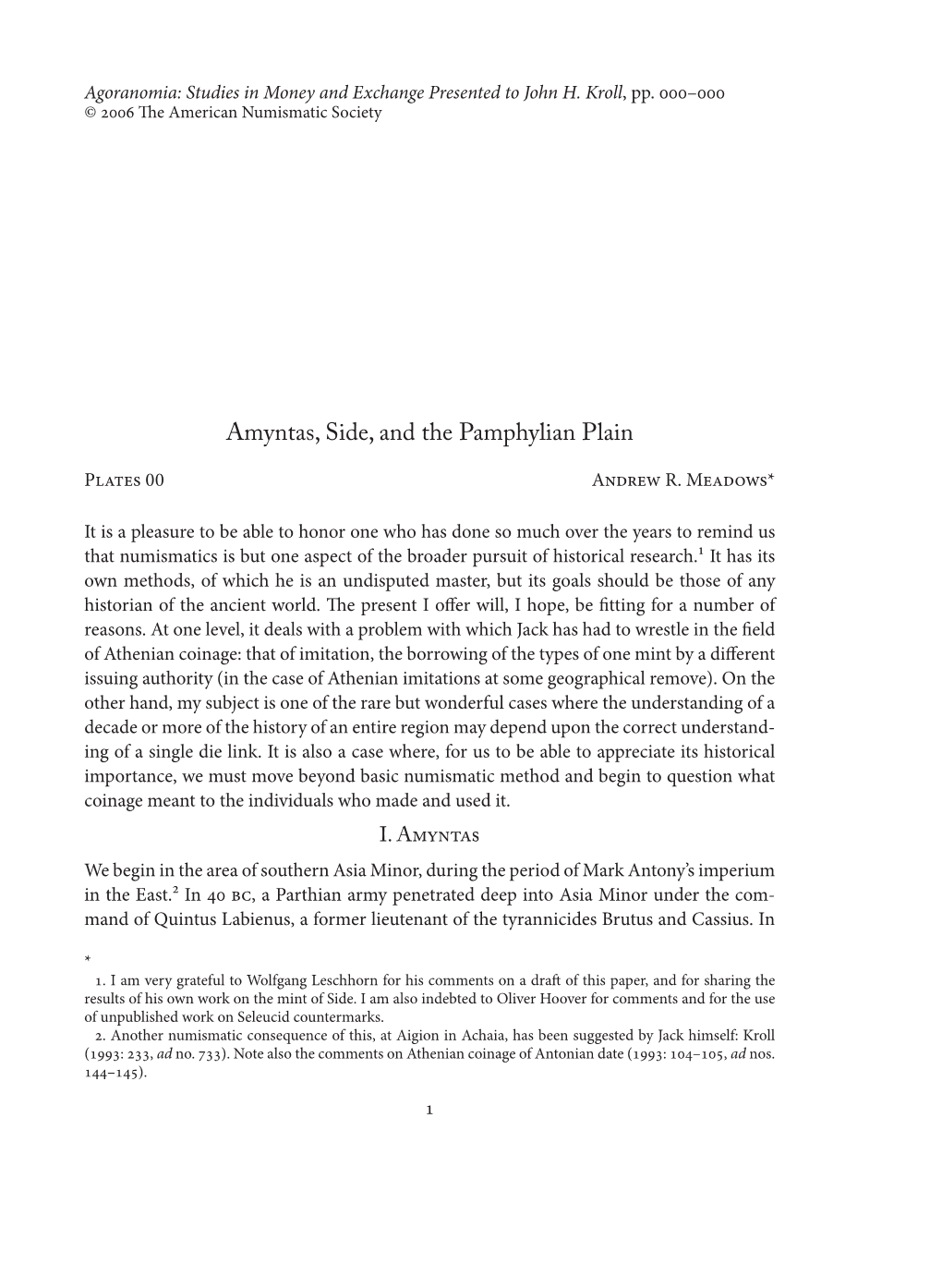 Amyntas, Side, and the Pamphylian Plain P  A R