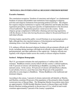 Mongolia 2014 International Religious Freedom Report