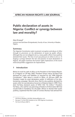 Public Declaration of Assets in Nigeria: Conflict Or Synergy Between Law and Morality?
