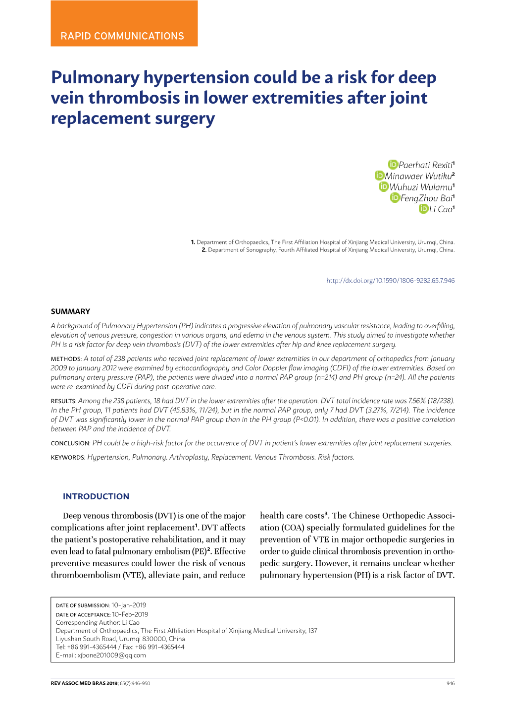 Pulmonary Hypertension Could Be a Risk for Deep Vein Thrombosis in Lower Extremities After Joint Replacement Surgery