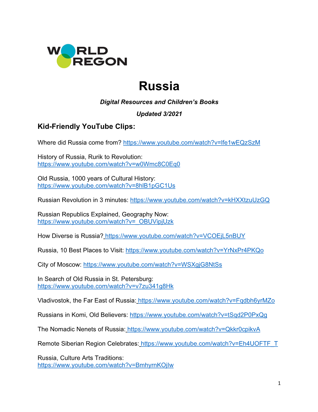 Russia Digital Resources and Children’S Books Updated 3/2021 Kid-Friendly Youtube Clips