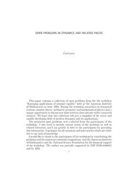 OPEN PROBLEMS in DYNAMICS and RELATED FIELDS This Paper