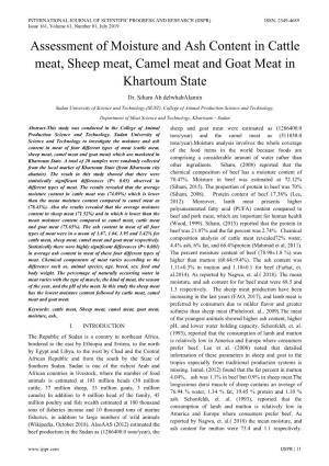 Assessment of Moisture and Ash Content in Cattle Meat, Sheep Meat, Camel Meat and Goat Meat in Khartoum State