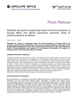 Elisabeth De Gaulle Is Appointed Head of Communications at Groupe BPCE and Benoît Gausseron Becomes Head of Communications at Natixis