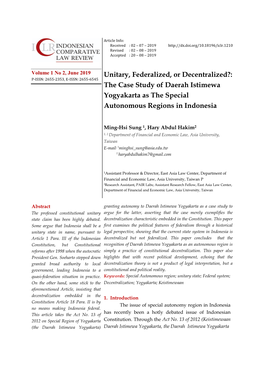 Unitary, Federalized, Or Decentralized?: P-ISSN: 2655-2353, E-ISSN: 2655-6545 the Case Study of Daerah Istimewa