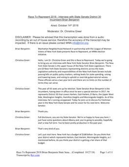 Race to Represent 2018 Brian Benjamin State Sena... (Completed 10/27/18) Page 1 of 11 Transcript by Rev.Com