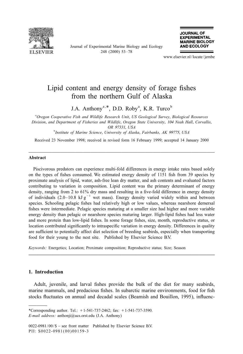 Lipid Content and Energy Density of Forage Fishes from the Northern Gulf