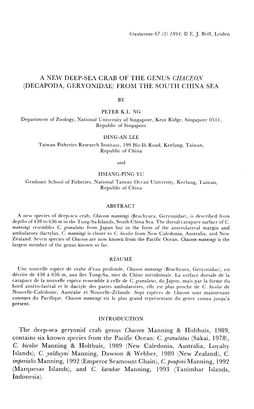 A New Deep-Sea Crab of the Genus Chaceon (Decapoda, Geryonidae) from the South China Sea