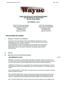 FROM the OFFICE of the SUPERINTENDENT WAYNE BOARD of EDUCATION WAYNE, NEW JERSEY SEPTEMBER 3, 2015 6:00 P.M. Executive Session W