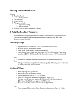 Housing Information Packet 1. Neighborhoods of Vancouver