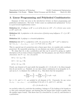 3. Linear Programming and Polyhedral Combinatorics Summary of What Was Seen in the Introductory Lectures on Linear Programming and Polyhedral Combinatorics