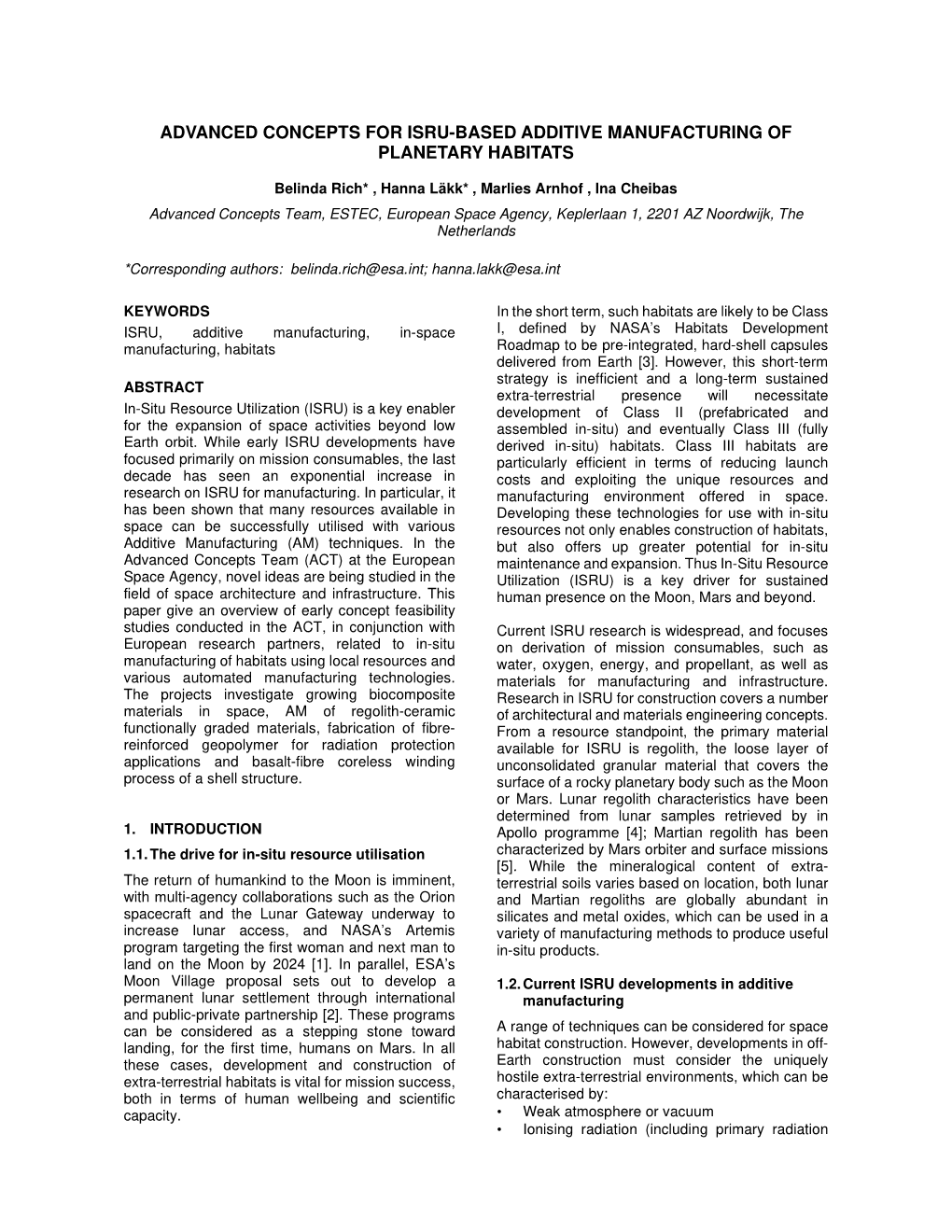 Advanced Concepts for Isru-Based Additive Manufacturing of Planetary Habitats