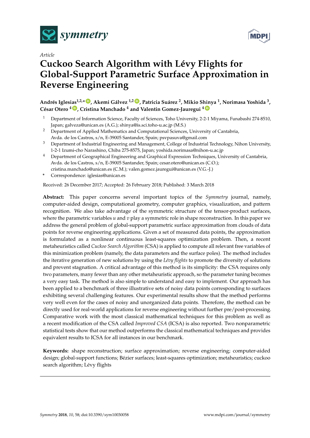 Cuckoo Search Algorithm with Lévy Flights for Global-Support Parametric Surface Approximation in Reverse Engineering