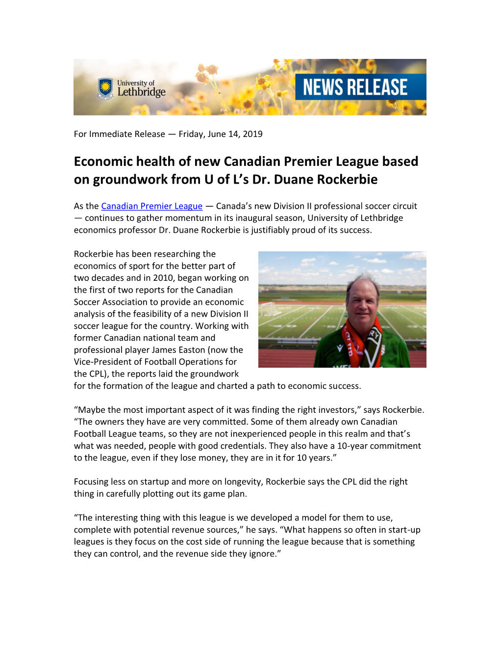 Economic Health of New Canadian Premier League Based on Groundwork from U of L’S Dr