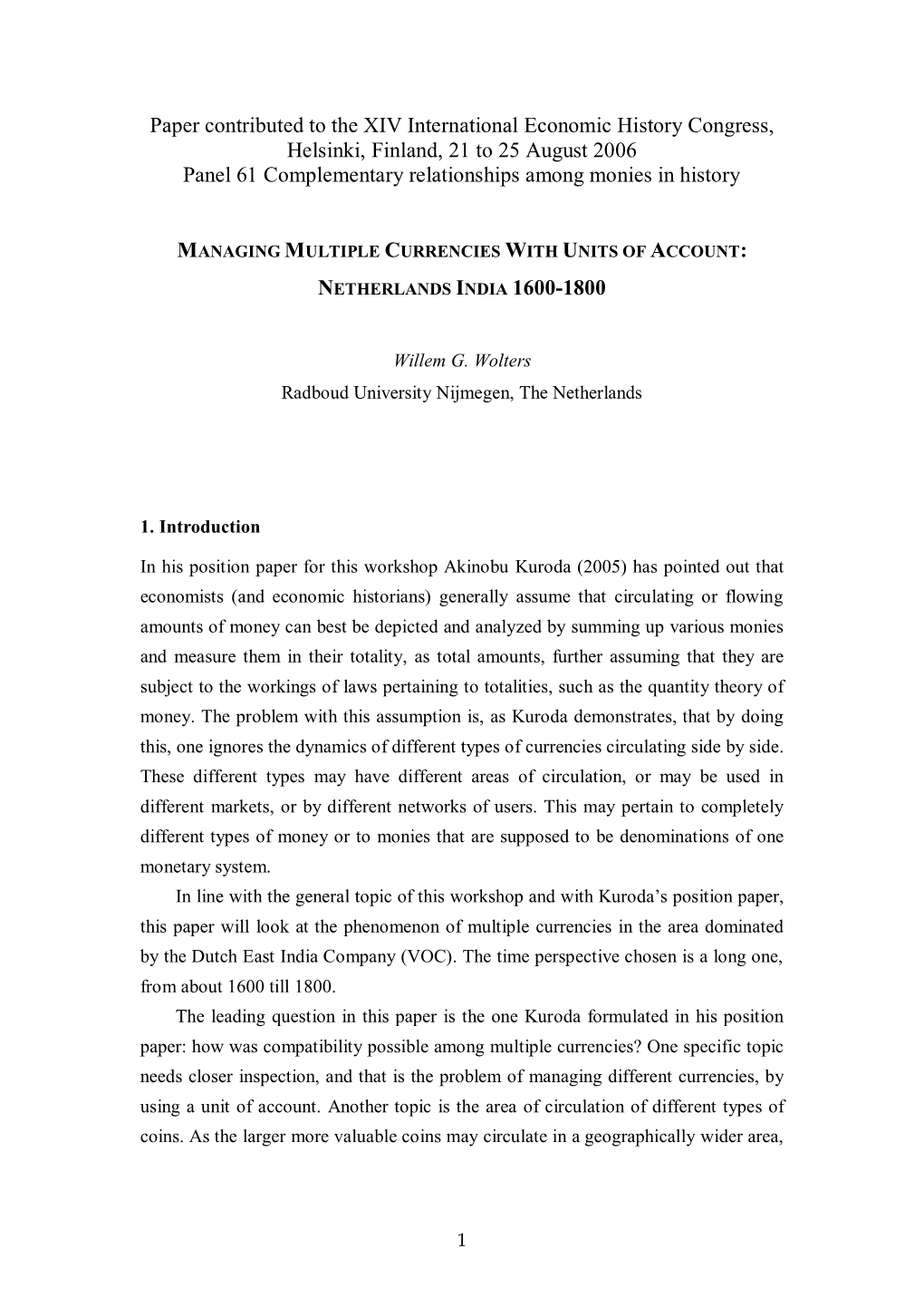 Paper Contributed to the XIV International Economic History