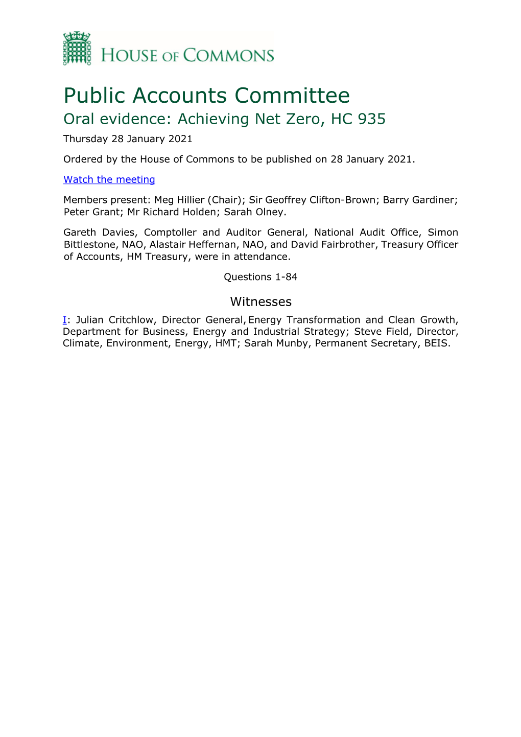 Oral Evidence: Achieving Net Zero, HC 935 Thursday 28 January 2021