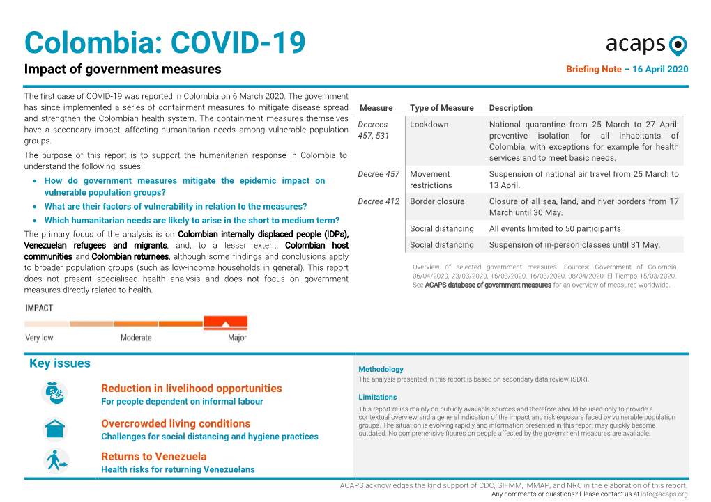 Colombia: COVID-19 Impact of Government Measures Briefing Note – 16 April 2020