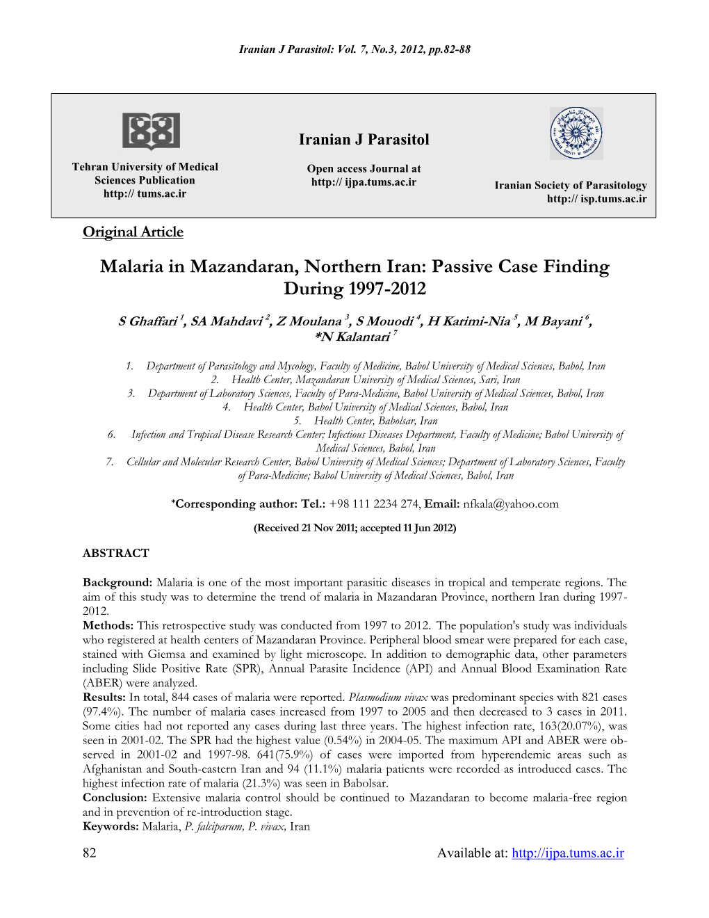 Malaria in Mazandaran, Northern Iran: Passive Case Finding During