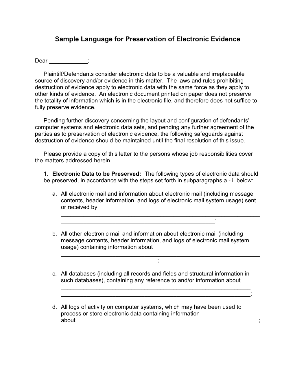 Sample Language for Preservation of Electronic Evidence