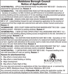 Maidstone Borough Council Notice of Applications 16/507080/FULL - APPLELYNN BENOVER ROAD YALDING KENT ME18 6EY - Erection of a Polytunnel for Agricultural Use