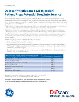 Datscan™ (Ioflupane I 123 Injection) Patient Prep: Potential Drug Interference