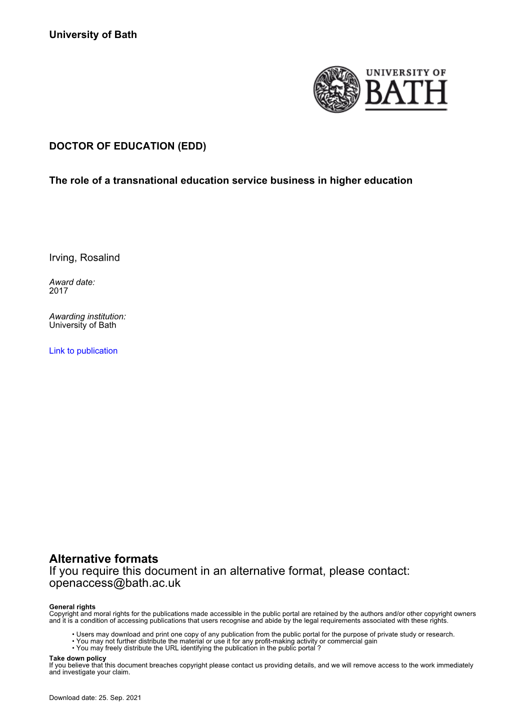 Thesis Submitted for the Degree of Doctor of Education University of Bath Department of Education January 2017