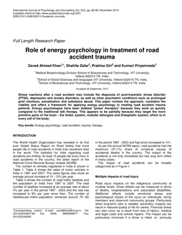 Role of Energy Psychology in Treatment of Road Accident Trauma