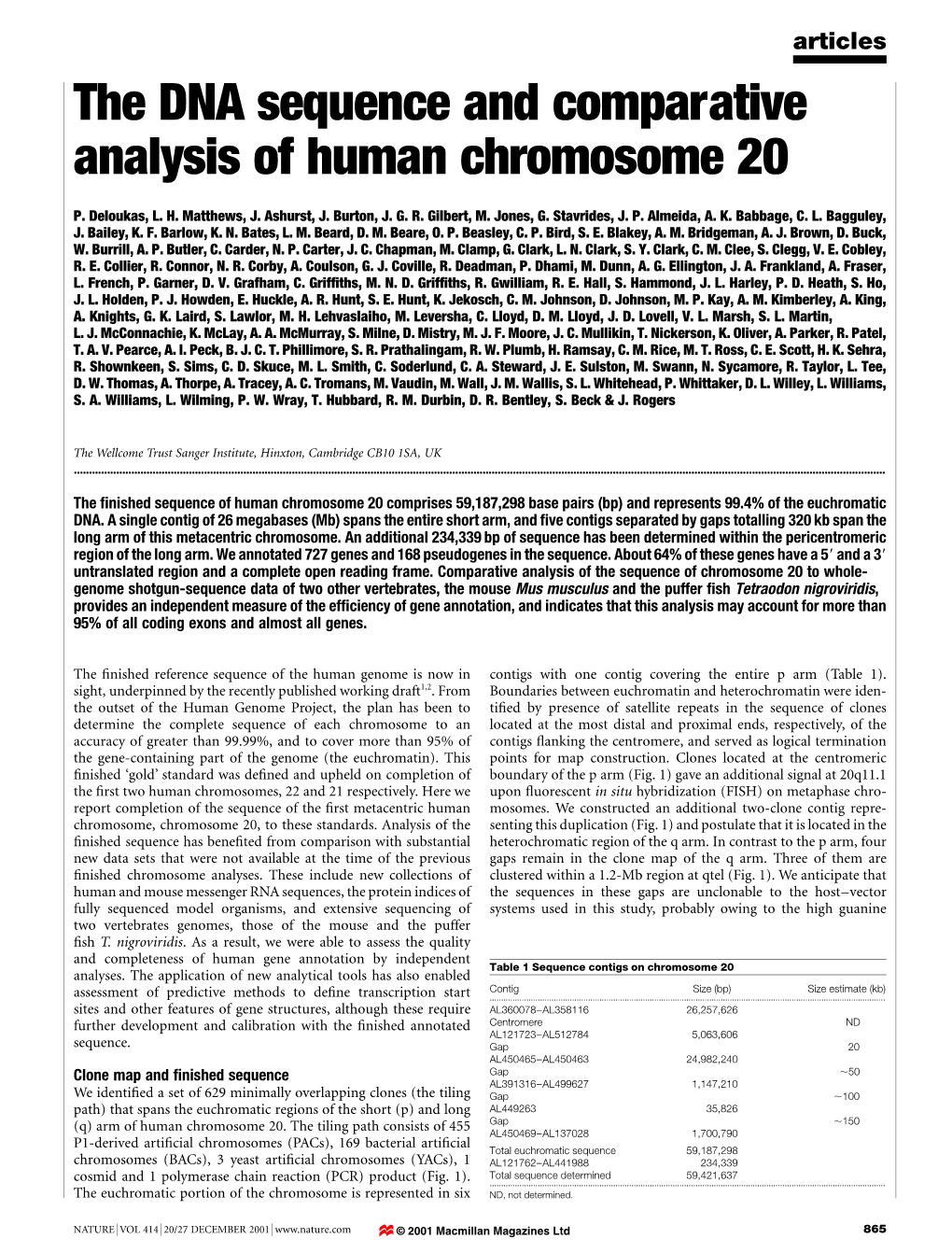 The DNA Sequence and Comparative Analysis of Human Chromosome 20